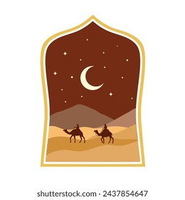 Ramadan, Eid Mubarak, islamic greeting cards with retro Boho design vector illustration. Arabic Windows and arches frame with crescent moon, stars, palm, desert, camel, journey, night