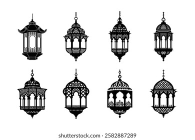 Ramadan or Eid Mubarak Islamic lantern or lamp set silhouettes vector illustration