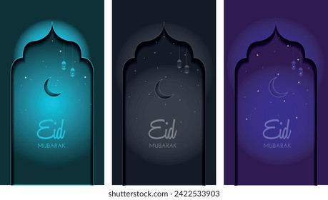 Ramadan and Eid Mubarak Islamic set greeting cards template  for wallpaper design. Poster, media banner, social media, stories, cover. Vector illustration