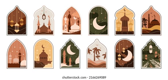 Ramadan Eid Mubarak. Modern Islamic pattern. Ramzan post art with Boho arch. Card with Arabian mosque towers and moon. Religious holiday. Night landscape. Vector design illustration set