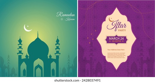 Ramadán Eid Mubarak. Patrón islámico moderno. Ramzan post arte con arco Boho. Tarjeta con las torres de la mezquita árabe y la luna. Fiesta religiosa. Paisaje nocturno. Diseño vectorial

