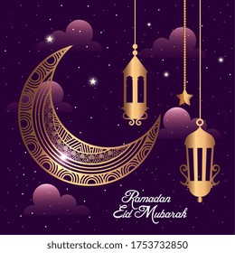 ramadan eid mubarak con linternas de luna y dorados colgando decoración ilustración vectorial diseño