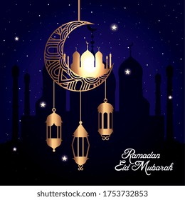 ramadan eid mubarak, moon hanging with mosque and lanterns hanging vector illustration design