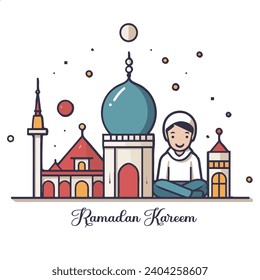 Ramadán , Eid Mubarak , mezquita , lugar de oración con niños en el diseño de vectores nocturnos	