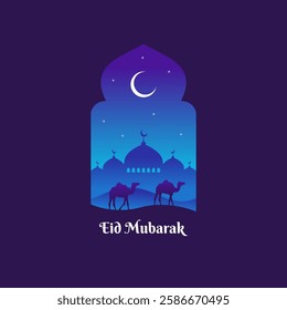 Ramadan and Eid mubarak night concept with calligraphy, camel, mosque, and moon. suitable for islamic greeting banner