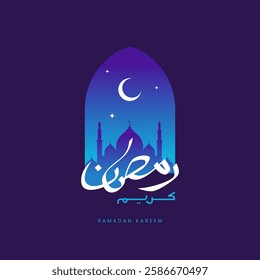 Ramadan and Eid mubarak night concept with calligraphy, camel, mosque, and moon. suitable for islamic greeting banner