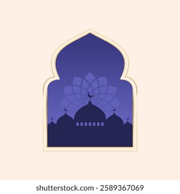 Ramadan and Eid mubarak night concept with mosque, and door. suitable for islamic greeting banner