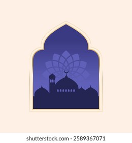 Ramadan and Eid mubarak night concept with mosque, and door. suitable for islamic greeting banner