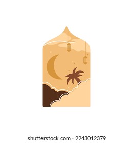 Ramadan Eid Mubarak post art with Boho arch. Modern Islamic pattern. Card with Arabian mosque towers and moon. Religious holiday. Night landscape
