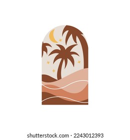 Ramadan Eid Mubarak postkunst mit Boho arch. Modernes islamisches Muster. Karte mit arabischen Moschee-Türmen und Mond. Religiöse Feiertage. Nachtlandschaft
