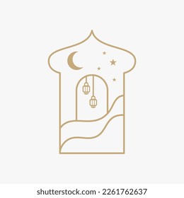 Ramadan Eid Mubarak post art with Boho arch. Modern Islamic pattern. Card with Arabian mosque towers and moon. Religious holiday. Night landscape