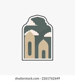 Ramadan Eid Mubarak post art with Boho arch. Modern Islamic pattern. Card with Arabian mosque towers and moon. Religious holiday. Night landscape