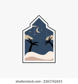 Ramadan Eid Mubarak postea arte con Boho arch. Patrón islámico moderno. Tarjeta con las torres de la mezquita árabe y la luna. Fiesta religiosa. Paisaje nocturno