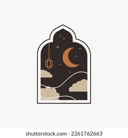 Ramadan Eid Mubarak post art with Boho arch. Modern Islamic pattern. Card with Arabian mosque towers and moon. Religious holiday. Night landscape
