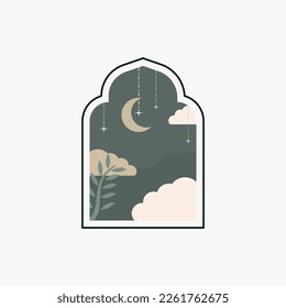 Ramadan Eid Mubarak post art with Boho arch. Modern Islamic pattern. Card with Arabian mosque towers and moon. Religious holiday. Night landscape