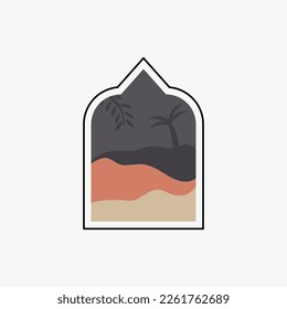 Ramadan Eid Mubarak post art with Boho arch. Modern Islamic pattern. Card with Arabian mosque towers and moon. Religious holiday. Night landscape