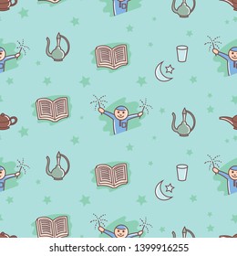 Ramadan and eid mubarak seamless pattern, boy, playing, firework, happy