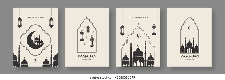 Ramadan and Eid Mubarak set silhouettes mosque, lanterns, windows, arches, crescent and stars in black and white colors. Design template for greeting banner, card,  web, poster.	