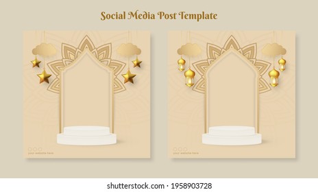 Ramadan or Eid Mubarak square banner template with hanging ornaments and podium