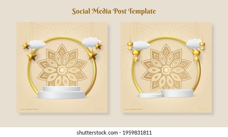 Ramadan or Eid mubarak square banner template with hanging ornaments and podium
