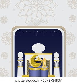Ramadan or eid Mubarak template with paper cut aesthetic featuring Islamic lanterns and elegant ornaments. Sophisticated gold and purple