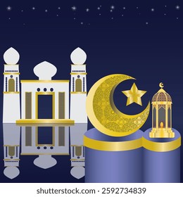Ramadan or eid Mubarak template with paper cut aesthetic featuring Islamic lanterns and elegant ornaments. Sophisticated gold and purple