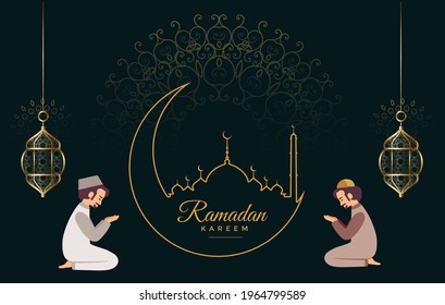Ramadan and Eid Mubarak vector background with a man praying front at Islamic baground for banner, Flyer, social media, print, poster