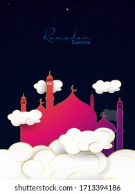 Ramadán y Eid Mubarak saludan los antecedentes vectoriales con la Mezquita detrás de las nubes con la escena nocturna para banner, Volante, medios sociales, impresión, afiche, web.