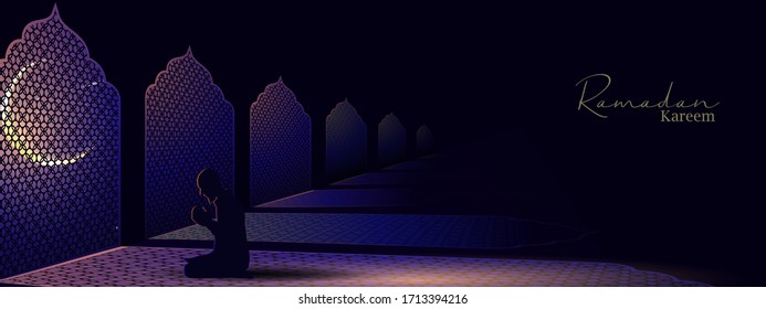 Ramadan and Eid Mubarak vector greeting background with a man praying front at Islamic windows for banner, Flyer, social media, print, poster, web.