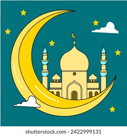 ramadan and eid mubarok theme, cartoon illustration of a mosque, can be used for banners and posters