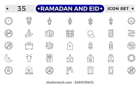 Ramadan and Eid Outline Icon Set – Religious Symbols, Islamic, Worship, and Traditions.

