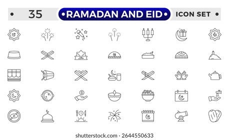 Ramadan and Eid Outline Icon Set – Religious Symbols, Islamic, Worship, and Traditions.

