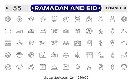 Ramadan and Eid Outline Icon Set – Religious Symbols, Islamic, Worship, and Traditions.
