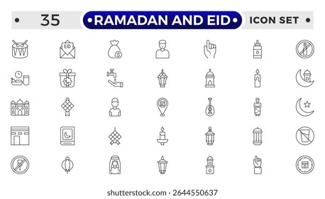 Ramadan and Eid Outline Icon Set – Religious Symbols, Islamic, Worship, and Traditions.
