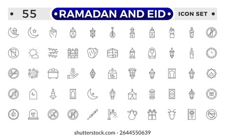 Ramadan and Eid Outline Icon Set – Religious Symbols, Islamic, Worship, and Traditions.
