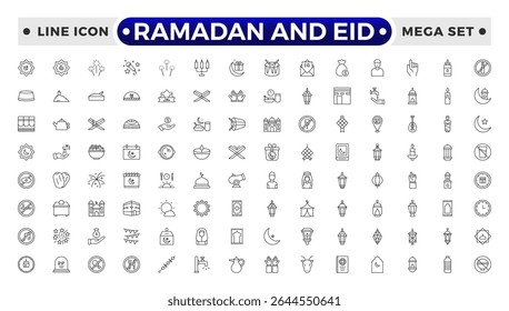 Ramadan and Eid Outline Icon Set – Religious Symbols, Islamic, Worship, and Traditions.
