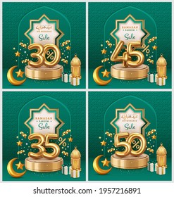 Ramadan And Eid Sale Banners Template. Discount 30%, 35%, 45%, 50%.  