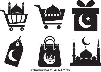 Ramadan and Eid shopping icon set. Islamic gift boxes, shopping carts with mosque silhouettes, price tags, and retail bags for Muslim holiday sale promotion. Vector illustration for festival e-commerce.