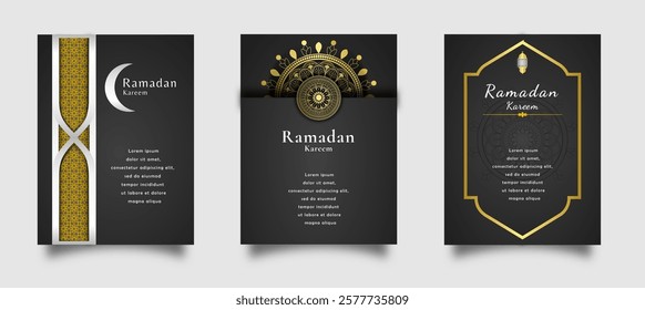 ramadan eid template, illustration card, poster, flyer, brochure, vertical, portrait black and gold luxury design themed 