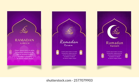 ramadan eid template illutsration, poster, card, banner, flyer, vertical with purple violet color with arabic caligraphy 