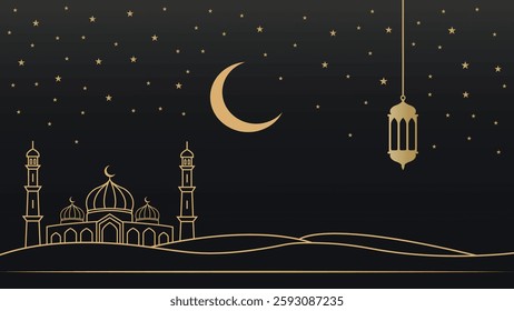 Ramadan and Eid theme design. Golden crescent moon. Mosque. lanterns. Islamic background. Vector illustration