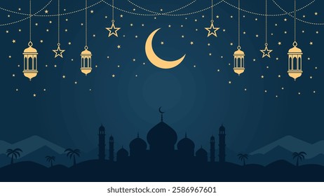 Ramadan and Eid theme design, Islamic background with golden crescent moon. Lanterns. Mosque. Vector illustration