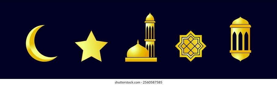 Ramadan and Eid vector clip art set, clip art set of moon, star, mosque, lantern and doom.