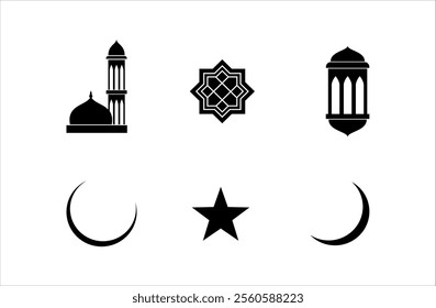 Ramadan and Eid vector clip art set, clip art set of moon, star, mosque, lantern and doom.