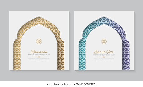 Ramadan and Eid white ornamental greeting cards with Islamic pattern and decorative arch frame