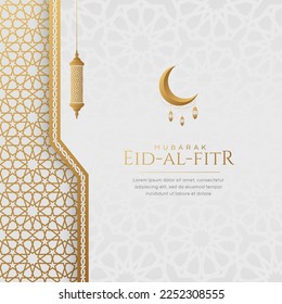 Ramadan Eid-al-Fitr Mubarak Greetings Islamic Arabic Arabesque Ornaments White Background with Copy Space