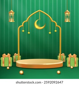 Ramadan elegant green background with golden crescent, stars, and ornamental lanterns, complemented by gift boxes with ribbons.