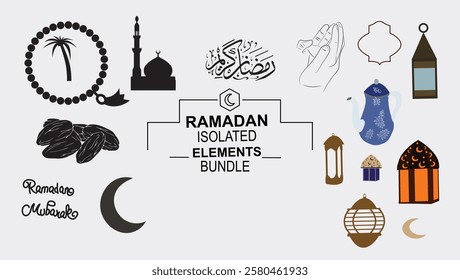 Ramadan Elements Bundle – A versatile  set of lantern, moon, mosque ,palm tree, Tasbhi , tea pot , prayer hands,  creating elegant posters, invitations, and greeting cards with festive Islamic motifs.