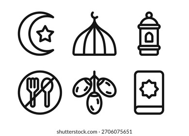Ramadan Elements Linear Icon Set - Editable Stroke : Suitable for Use in Apps, Digital Content, and Printed Materials Related to Islamic Lifestyle, Prayer Activities, Ramadan and Eid Themes.