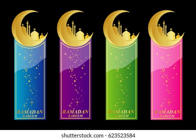Ramadan exclusive banners with gold stars, moon and mosque. colorful backgrounds. pink, green, blue and purple backgrounds